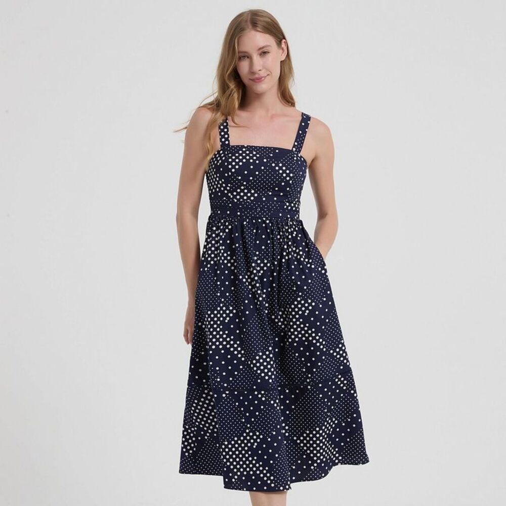 Women's Poplin Fit and Flare Midi A-Line Dress - A New Day Indigo Polka Dots S